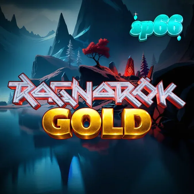Pemandangan apokaliptik dalam slot Ragnarok Gold dengan simbol-simbol mitologi Nordik.